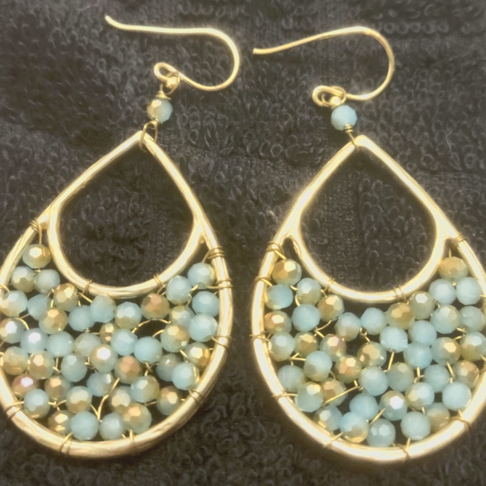 Gold and Light Blue Teardrop Beaded Earrings